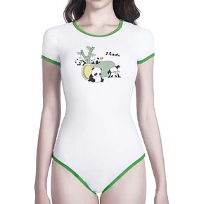 Womens Short Sleeve Romper Pajamas Bodysuit Cute Print Adult Onesie for Women Jumpsuit Nightwear Panda Girl