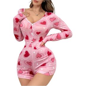 SHENHE Women's Heart Print Button Down One Piece Pajama Romper Long Sleeve Cute Sleepwear