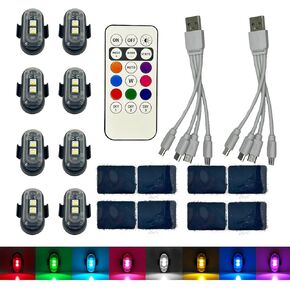 8PCS Wireless LED Strobe Lights with Remote Control, 8 Colors USB Rechargeable Waterproof Anti-Collision Warning Lights, High Brightness LED Light for Car Motorcycle Drone Truck Bike Aircraft (8)