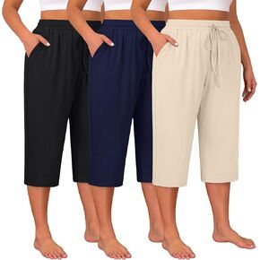 Huukaey 3 Pack Women's Plus Capris ، قرص القطن اليوغا Capri sweatpant