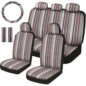 Baja Saddle Blanket Car Seat Covers Front Set, Washable Breathable Striped Woven Cloth Seat Covers for Cars, SUV, Truck,Airbag Compatible(Red-Blue)
