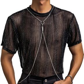2 PCS Men's Black Glitter Shirt Searn قميص شبكي شبكي أكمام قصيرة انظر من خلال قمم العضلات نادي Clubs