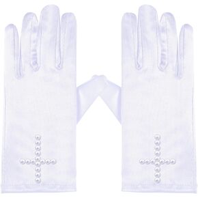 First Communion Accessories for Girl and Boy Cross Gloves with Beaded White Satin Gloves with Rhinestone Religion Gift for First Holy Communion Birthday Party