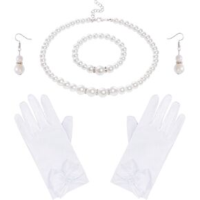 4Pcs First Communion Set White Pearl Necklace Communion Gloves Earrings Bracelet for First Communion Tea Party Wedding Accessories