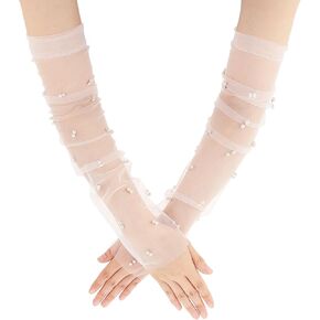 White Tulle Gloves - Wedding Pearl Long Bridal Sheer Sleeves Elbow Length Lace Fingerless Gloves for Christmas Brides Women Girls Costume Dance Party