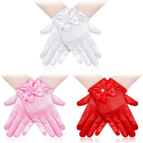 Bencailor 3 Pieces Girls Satin Gloves Tea Party Little Girls Princess Dressing Gloves for Wedding First Communion Cosplay(Bow Dress Style, White, Red, Pink)