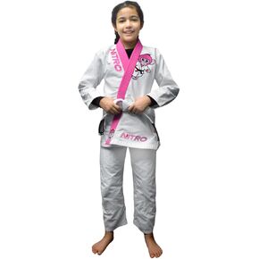Girls Kids Premium BJJ GI - حزام أبيض مجاني - طية صدر السترة الوردية - مونكي - برازيلي جيو جيتسو فتاة