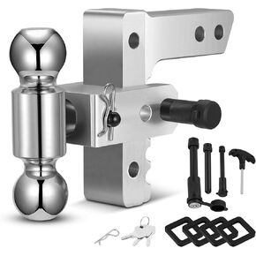 Adjustable Trailer Hitch Fits 2" Receiver, 2" & 2-5/16"(12,500 LBS GTW) Rotatable Dual Solid Ball, 6" Drop/Rise Heavy Duty Aluminum Tow Hitch, Trailer Hitches with Anti-Theft Pin, Silver