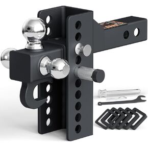 AC-DK Adjustable Trailer Hitch Tri Ball Mount with Tow Hook, Fits 2-Inch Receiver, 4-1/2 Inch Rise/Drop, Includes 1-7/8", 2", & 2-5/16" Balls, Heavy-Duty Design with Lock and Pins