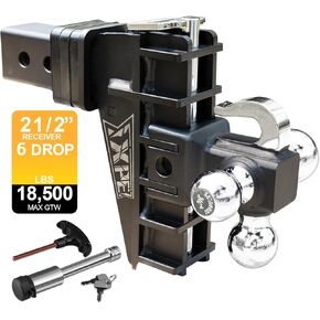 Adjustable Trailer Hitch Fits 2.5-Inch Receiver, Heavy Duty Tow Hitches (18500 LBS GTW) 6 Inch Drop Truck Hitch Tri-Ball Mount with Hook (1-7/8" x 2" x 2-5/16")