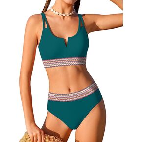 Girls Swimsuit High Waisted Bathing Suit for Girls V-Neck Cutout Two Piece Swimwear Color Block Welt Bikini Set 9-16y