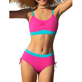Girls' Swimwear 2PCS Suits Color Block Top with Drawstring Bottoms Teen Bathing Suits for Girls in Kuwait