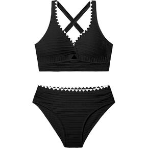 Girls Swimsuit Solid Color Textured Bikini Set Twist V Neck Girls Bathing Suit 2 Piece with Adjustable Straps 9-16T