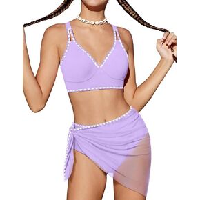 Girls Swimsuit V-Neck Shell Stitched Solid Color High Waisted 3 Piece Bathing Suit Bikini with Cover Up 9-16T