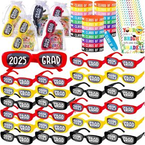 24 Set 2025 Graduation Gifts Bulk Graduation Sunglasses Silicone Wristbands Bracelets with Blessing Card for Students Grad Photo Booth Props Accessories(Black White)