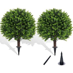 22" Artificial Boxwood Topiary Outdoor Plants with Spike, 2 Pack Faux Bushes UV Resistant Fake Shrubs for Front Porch Décor