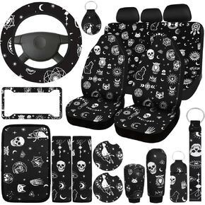 Estune 19 Pcs Skull Cat Moon Car Seat Covers, Full Set Accessories Steering Wheel Cover Front Rear Headrest Armrest Belt Cup Holder Keychains Wrist Strap for SUV LAN-Estune-869