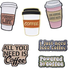 6PCS Coffee Slogans Cups Enamel Pins Bulk, Cartoon Cute Cool Need Coffee Lapel Backpack Hat Pin Set, Decorative Crooches Button for Jeans, Jackets, Bags, Dress, Shoes