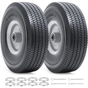 10" Flat Free Tires, 4.10/3.50-4" Solid Tires and Wheels with 5/8" Axle Bore Hole and Double Sealed Bearings Compatible with Hand Truck Wheelbarrow Tire Lawn Mower Tire (Silver, 2PCS) P-091