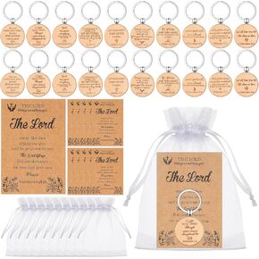50 Sets Christian Gifts Set Include Wooden Bible Verse Keychain Inspirational Scripture Cards with Bible Verses and White Organza Bags for Men Women Office School Church Supplies (Round)