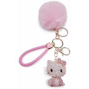 Bling Rhinestones Keychain for Women Girls Cute Cartoon Keychain Kawaii Pom Pom Key Chain, Versatile Accessory for Backpacks, Handbags, and Car Keys