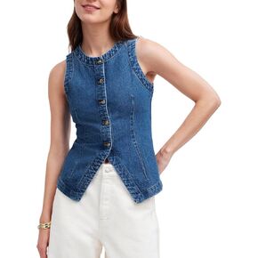 Women's Denim Vest Sleeveless Button Down Casual Jean Crewneck Waistcoat Denim Top