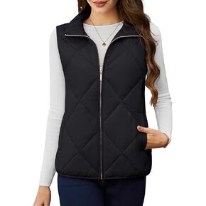 YUCOLEN Women's Quilted Vest 4 Pockets Stand Collar Lightweight Zip Padded Gilet Sleeveless Jackets Coats Outwear