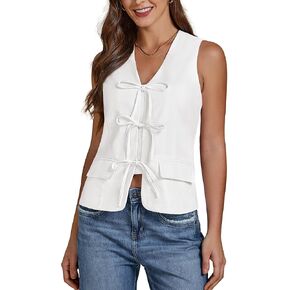 luvamia Linen Vest for Women Trendy Sleeveless Tie Front Tops Summer Casual Top Waistcoat Suit Vests with Pockets