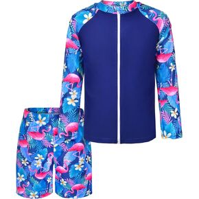 Boys Two Piece Rash Guard Swimsuits Long Sleeve Zipper Swim Shirt and Trunks Bathing Suit Swimwear Set