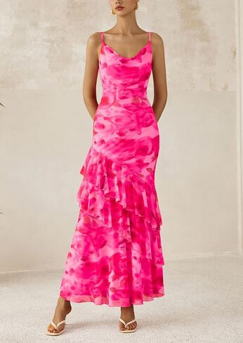 PRETTYGARDEN Maxi Dresses for Women 2025 Summer Tiered Floral Beach Sundress Spaghetti Strap Wedding Guest Long Dress in Kuwait