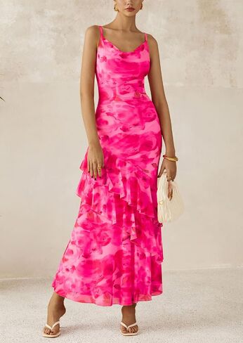 PRETTYGARDEN Maxi Dresses for Women 2025 Summer Tiered Floral Beach Sundress Spaghetti Strap Wedding Guest Long Dress in Kuwait