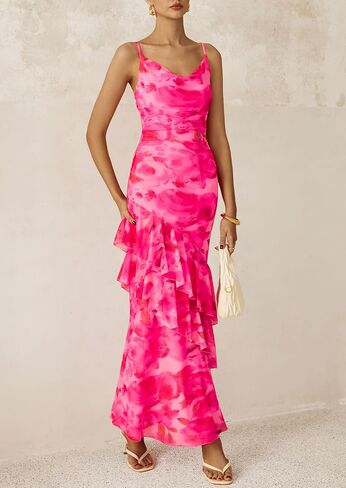 PRETTYGARDEN Maxi Dresses for Women 2025 Summer Tiered Floral Beach Sundress Spaghetti Strap Wedding Guest Long Dress in Kuwait