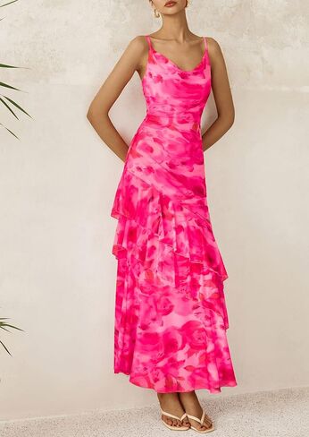 PRETTYGARDEN Maxi Dresses for Women 2025 Summer Tiered Floral Beach Sundress Spaghetti Strap Wedding Guest Long Dress in Kuwait