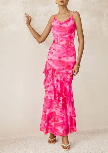 PRETTYGARDEN Maxi Dresses for Women 2025 Summer Tiered Floral Beach Sundress Spaghetti Strap Wedding Guest Long Dress in Kuwait