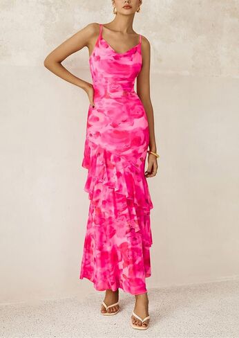 PRETTYGARDEN Maxi Dresses for Women 2025 Summer Tiered Floral Beach Sundress Spaghetti Strap Wedding Guest Long Dress in Kuwait