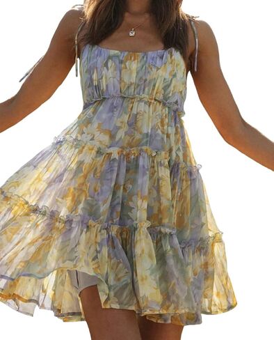 Mansy Womens 2025 Summer Floral Mini Dress Boho Flowy Skater Dresses Shortles Flicy Shuffle Spaghetti Dress in Kuwait