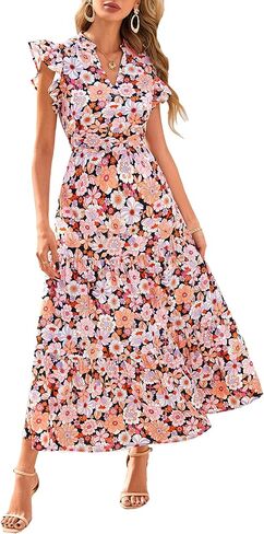 Prettygarden للسيدات 2025 الصيف الأزهار midi cap cap sleeve v الرقبة كشكش طويل تدفق بوهو فساتين الشاطئ غير الرسمية in Saudi Arabia