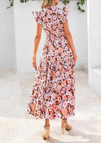 Prettygarden للسيدات 2025 الصيف الأزهار midi cap cap sleeve v الرقبة كشكش طويل تدفق بوهو فساتين الشاطئ غير الرسمية in Saudi Arabia