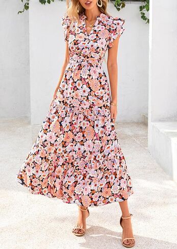 Prettygarden للسيدات 2025 الصيف الأزهار midi cap cap sleeve v الرقبة كشكش طويل تدفق بوهو فساتين الشاطئ غير الرسمية in Saudi Arabia