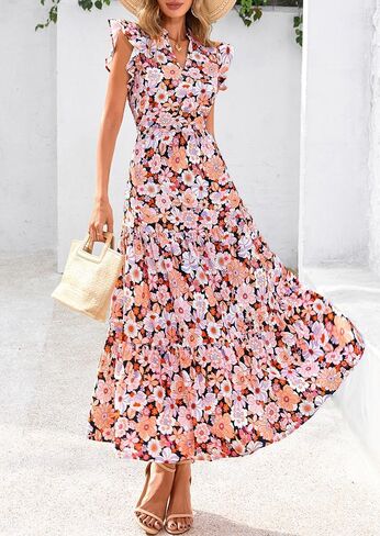 Prettygarden للسيدات 2025 الصيف الأزهار midi cap cap sleeve v الرقبة كشكش طويل تدفق بوهو فساتين الشاطئ غير الرسمية in Saudi Arabia