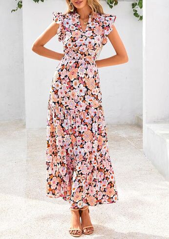 Prettygarden للسيدات 2025 الصيف الأزهار midi cap cap sleeve v الرقبة كشكش طويل تدفق بوهو فساتين الشاطئ غير الرسمية in Saudi Arabia