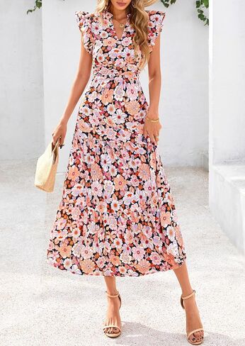 Prettygarden للسيدات 2025 الصيف الأزهار midi cap cap sleeve v الرقبة كشكش طويل تدفق بوهو فساتين الشاطئ غير الرسمية in Saudi Arabia