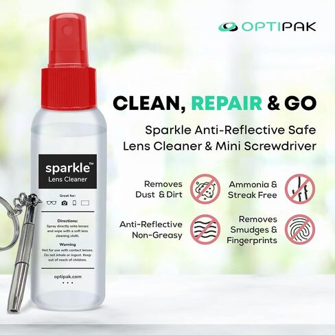 Sparkle Anti-Reflective Safe Lens Cleaner & Repair Kit – (2) 2oz Glasses Cleaner Spray, (2) Microfiber Cloth & Keychain Screwdriver for Eyeglasses, Sunglasses, Lenses & Screens (5 Piece Set) in Saudi Arabia