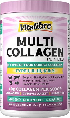 Multi Collagen Peptides Powder Type I II III V X, Hydrolyzed Collagen Protein for Women and Men, Skin, Hair, Nails, Unflavored, Non-GMO, Keto & GF, Zero Sugar, 22 Servings, 8oz in Kuwait
