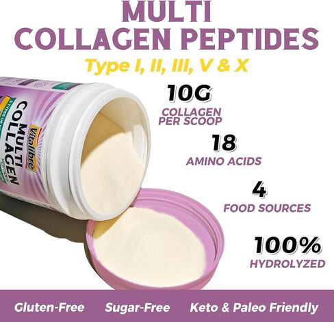 Multi Collagen Peptides Powder Type I II III V X, Hydrolyzed Collagen Protein for Women and Men, Skin, Hair, Nails, Unflavored, Non-GMO, Keto & GF, Zero Sugar, 22 Servings, 8oz in Kuwait
