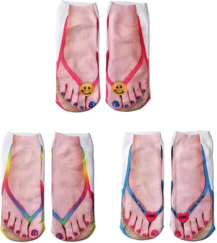 Flip Flop Funny 3D Print Girls Foot Socks - Women's No Show Socks ، 3 أزواج (6-10) in Saudi Arabia