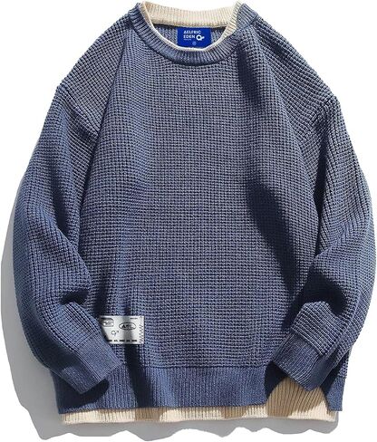 Aelfric Eden Mens Oversized Sweater Fake Two Basic Classic Sweaters Casual Soft Pullover Streetwear Tops in Kuwait