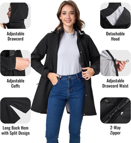 MAGCOMSEN Women's Long Fleece Lined Jackets Warm Winter Windbreaker Rain Coat Hooded Softshell Windproof Insulated in Kuwait