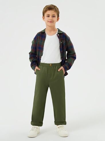 Haloumoning Boys School Uniform Chino Pants Kids Elastic Waist Pull on Twill Pants with Pockets 5-14 Years in Kuwait