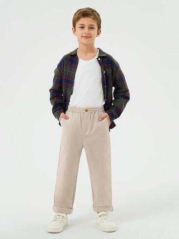 Haloumoning Boys School Uniform Chino Pants Kids Elastic Waist Pull on Twill Pants with Pockets 5-14 Years in Kuwait